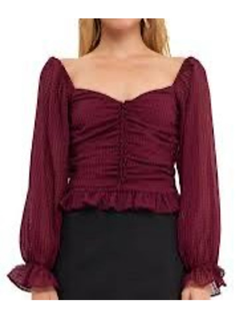 Anthropologie Endless Rose Burgundy Ruched Chiffon Long Sleeve Top Size L